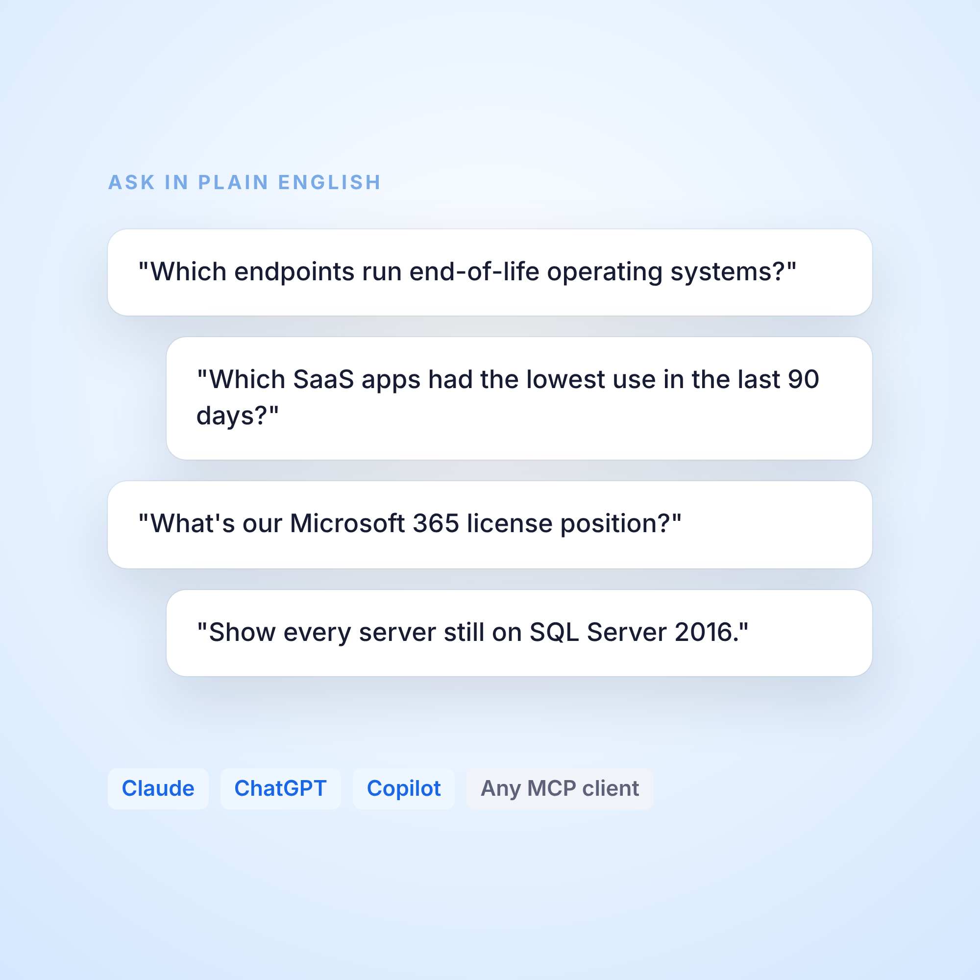 Plain-English questions about your environment