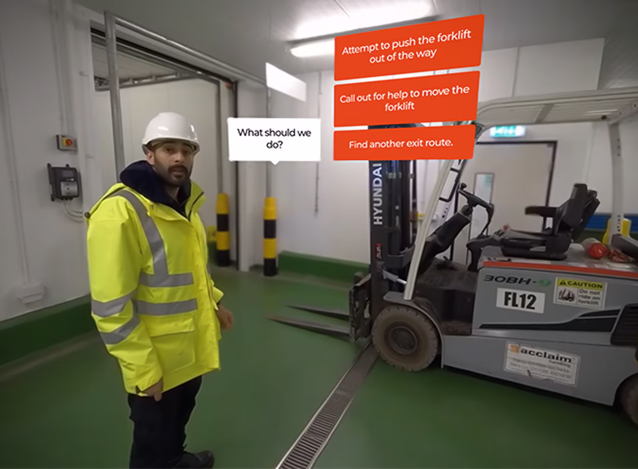 A screenshot of the Thames Freeport emergency evacuation VR training, in which a man wears a high-vis and saftey helmet is asking a question to the user with a forklift in the background.
