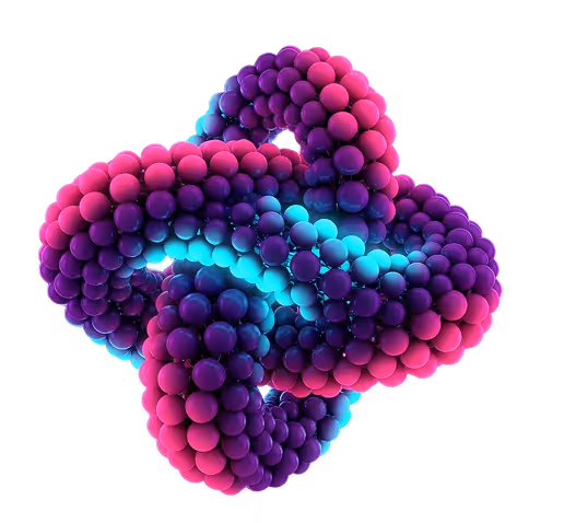 A 3D DNA-style model of hundreds of connecting balls in pink, purple and blue which conveys a sense of connection