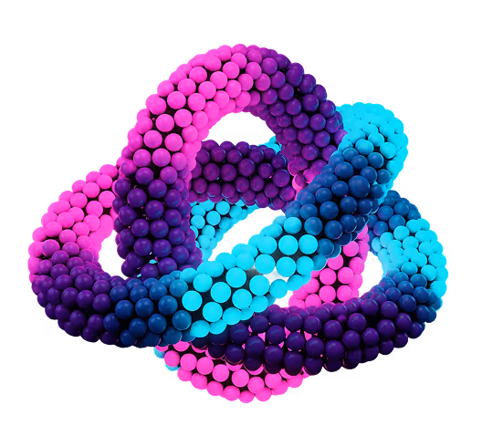 A 3D DNA-style model of hundreds of connecting balls orbiting a central point in pink, purple and blue which conveys a sense of engagement