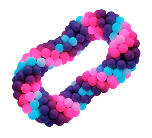 A 3D DNA-style model of hundreds of connecting balls in a near figure of eight shape in pink, purple and blue to convey a sense of a race track