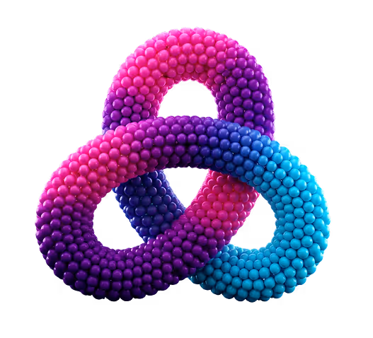 A 3D DNA-style model of hundreds of connecting balls in a looping shape in pink, purple and blue to convey a sense of a continuity