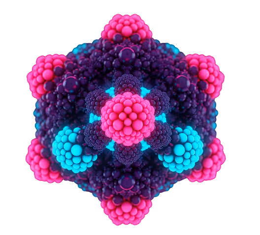 A 3D DNA-style model of hundreds of connecting balls in a shape of disc florets in pink, purple and blue to convey a sense of a strength