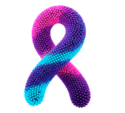 A 3D DNA-style model of hundreds of connecting balls in a simple ribbon shape in pink, purple and blue to convey a sense of a solidarity