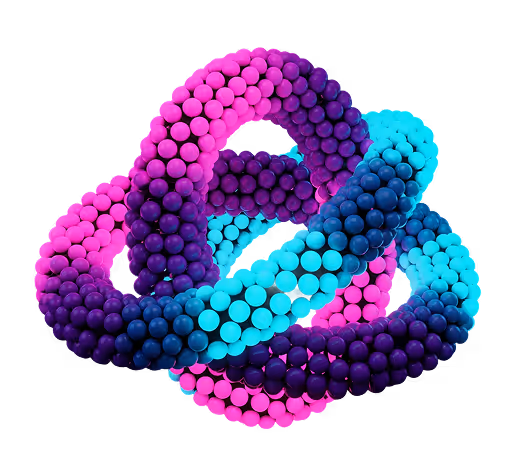 A 3D DNA-style model of hundreds of connecting balls orbiting a central point in pink, purple and blue which conveys a sense of engagement