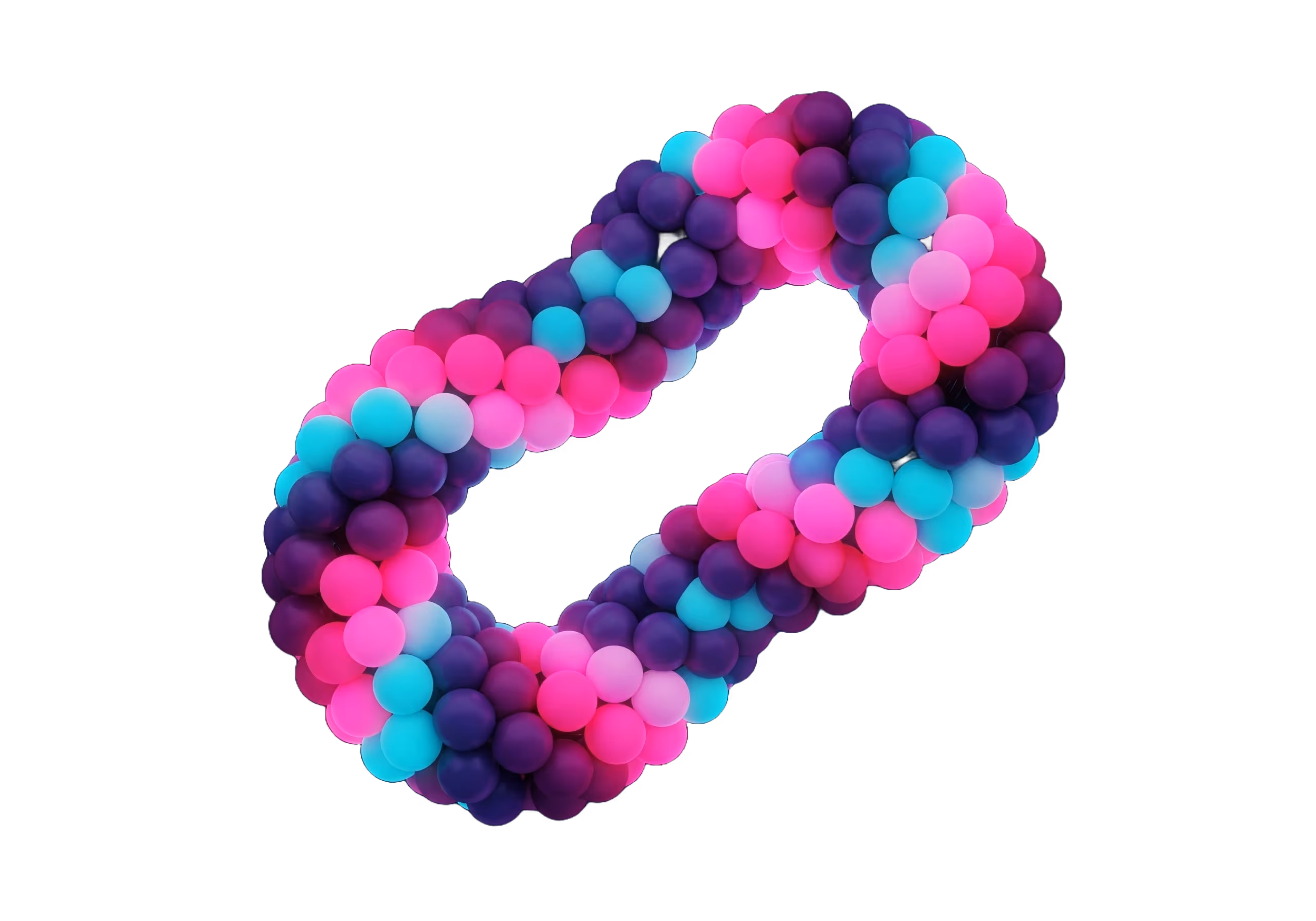 A 3D DNA-style model of hundreds of connecting balls in a near figure of eight shape in pink, purple and blue to convey a sense of a race track