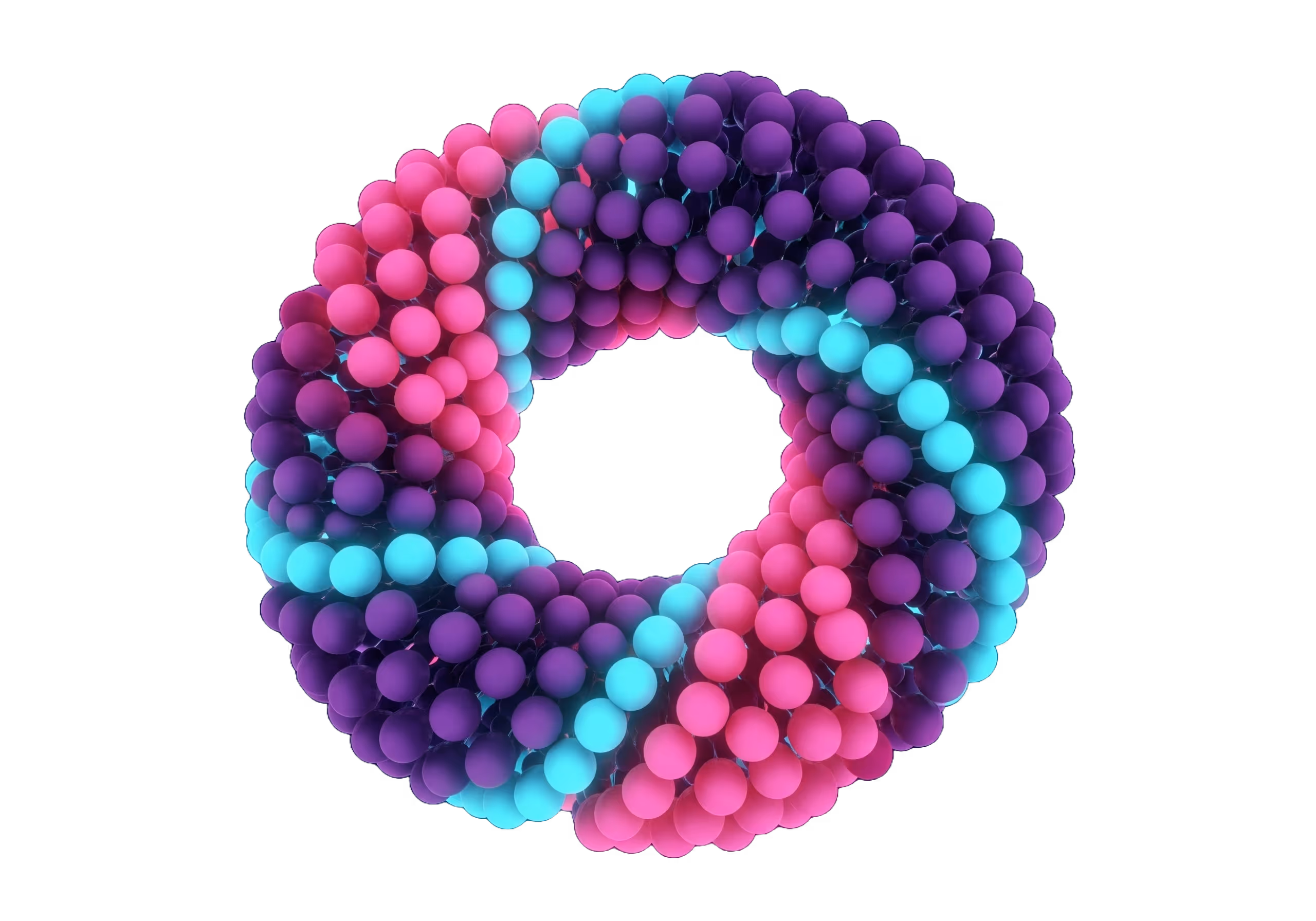 A 3D DNA-style model of hundreds of connecting balls in a doughnut shape in pink, purple and blue to convey a sense of a speed