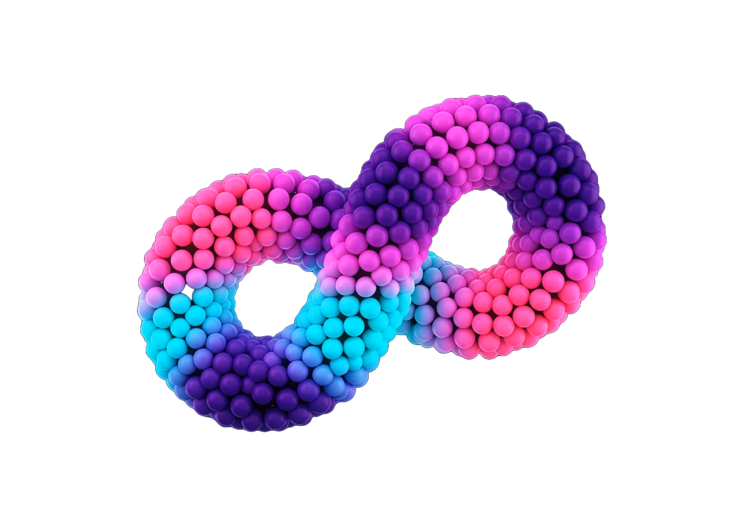 A 3D DNA-style model of hundreds of connecting balls in a simple ribbon shape in pink, purple and blue to convey a sense of a efficiency