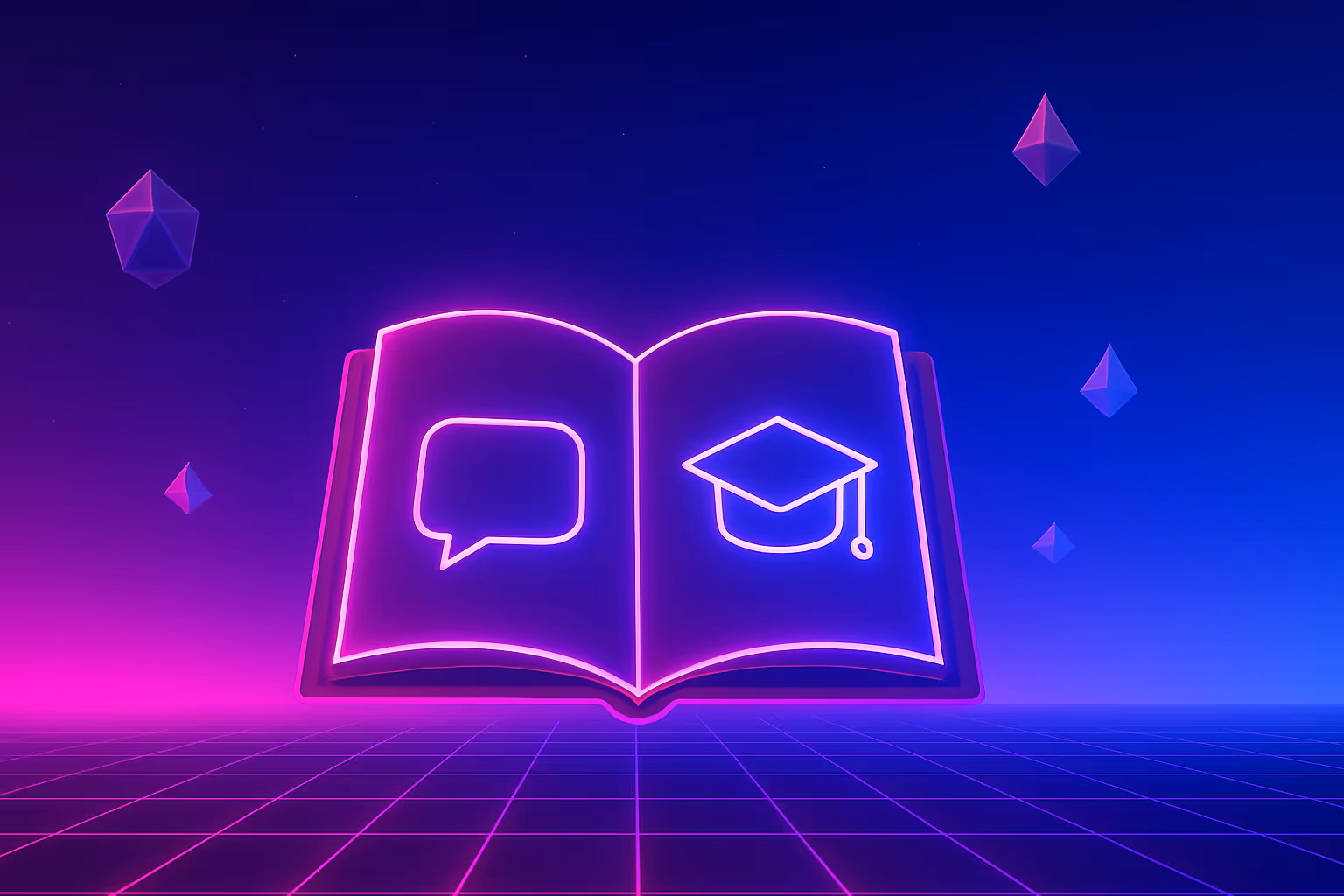 Neon-style open book with a speech bubble icon on one page and a graduation cap icon on the other, in a futuristic digital landscape