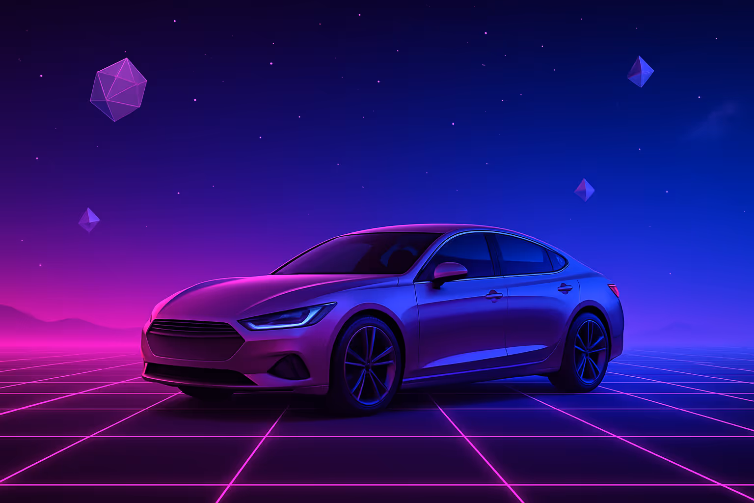 A car in a a futuristic digital landscape
