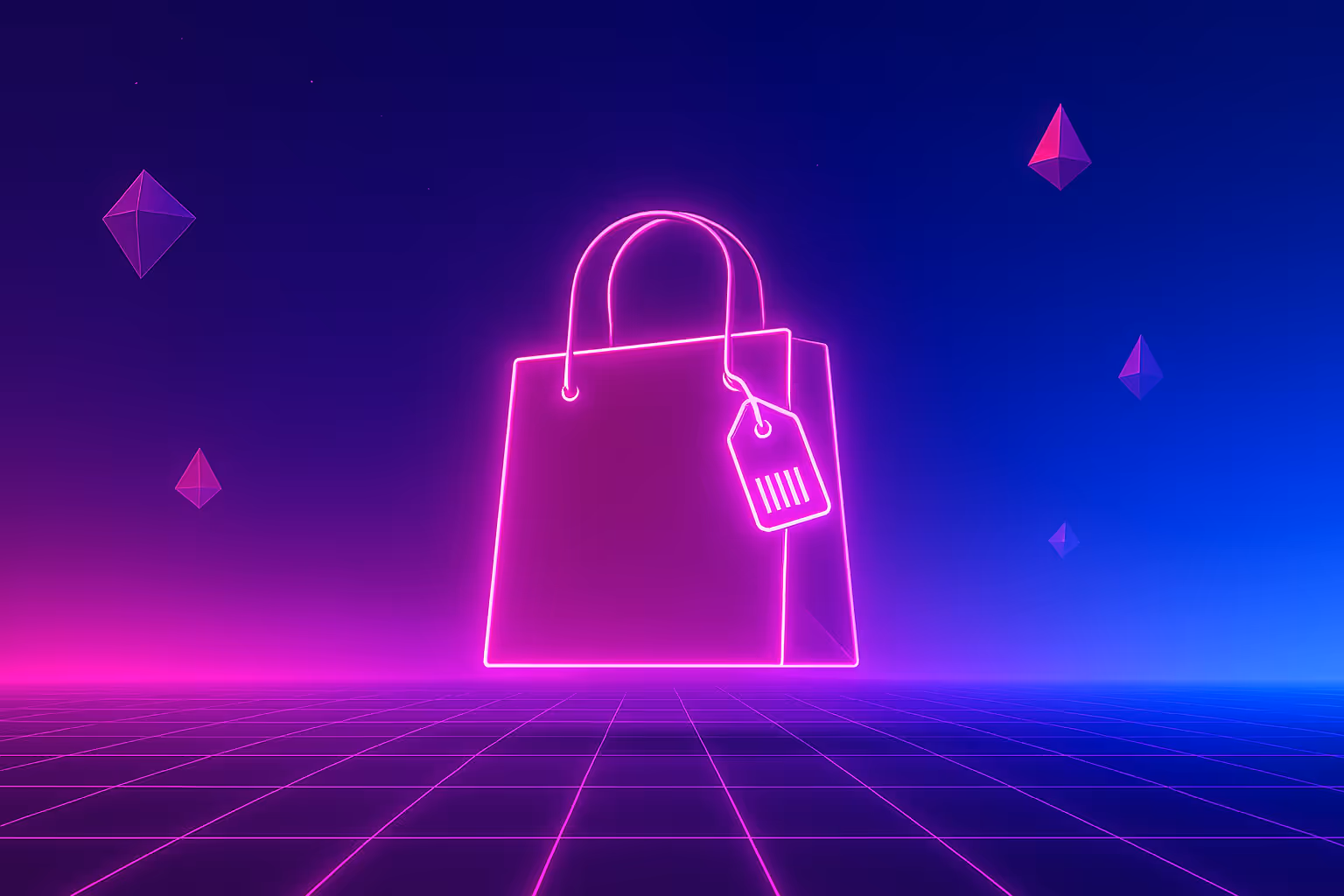 A neon pink shopping bag in a futuristic digital landscape