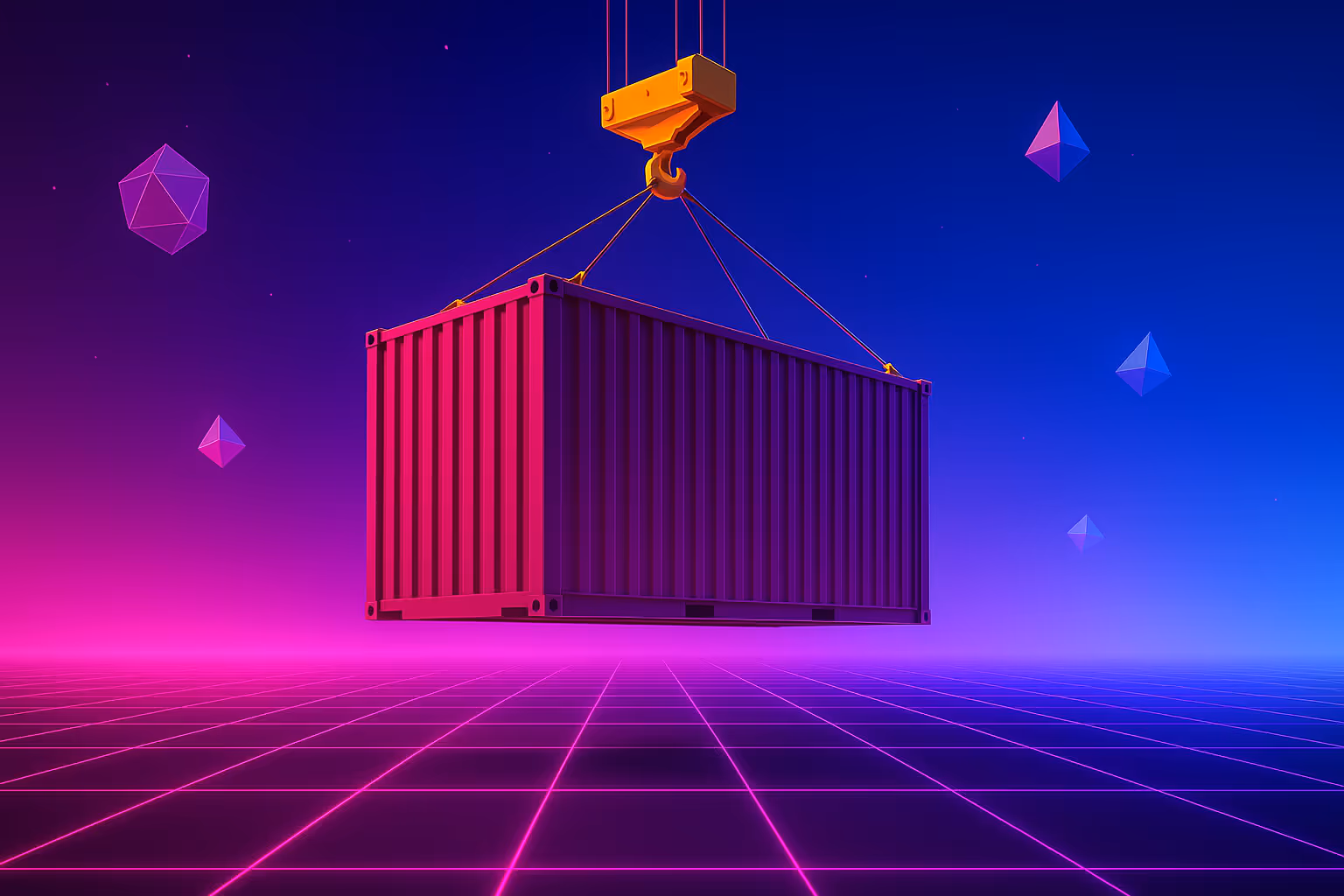 A pink storage container being lifted in a futuristic digital landscape
