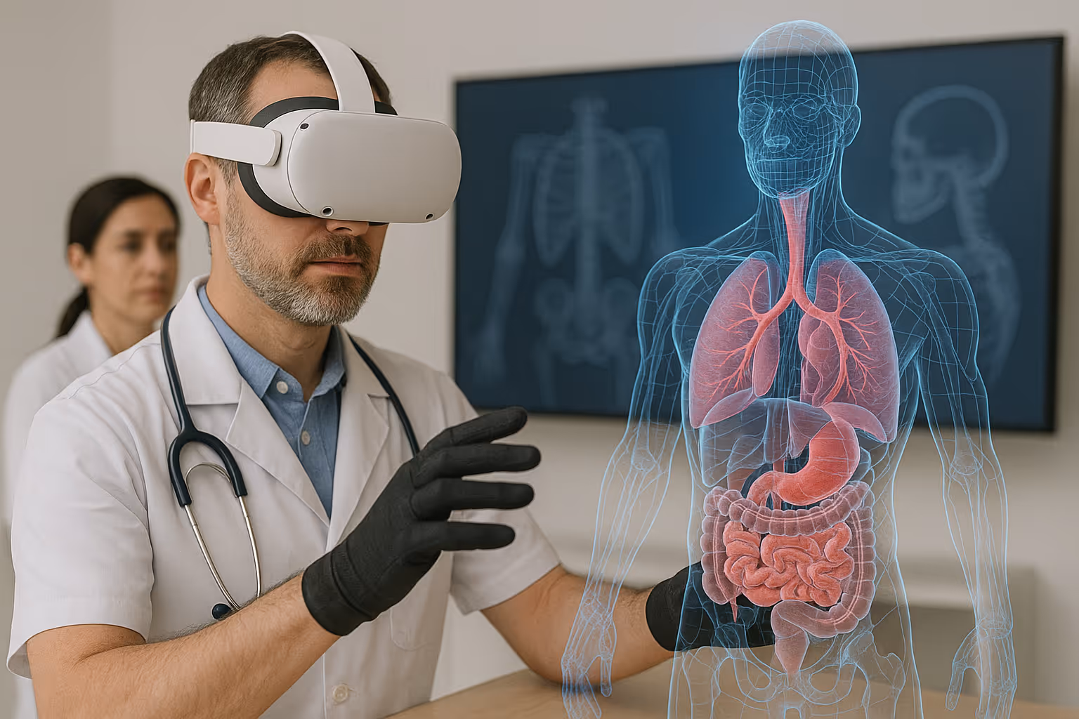 A Doctor wearing a lab coat and a VR Headset, with blue surgical gloves, looking to the right side of the camera
