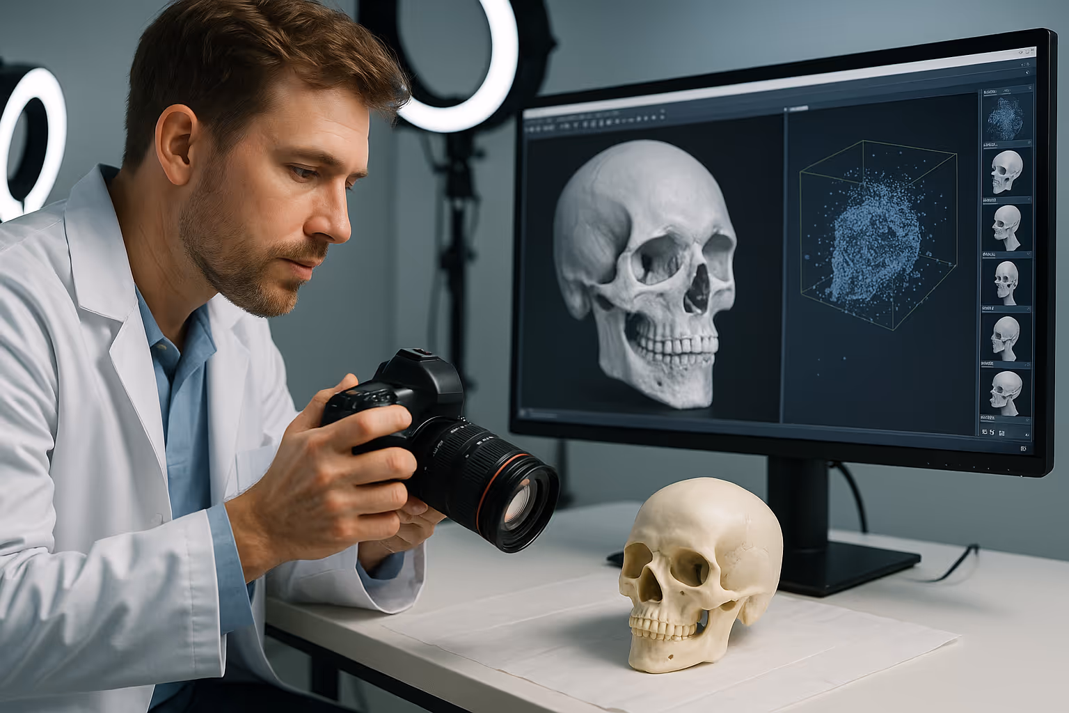 A man in a lab coat studying a skull with a camera. An image of the skull is on a computer desktop screen behind him