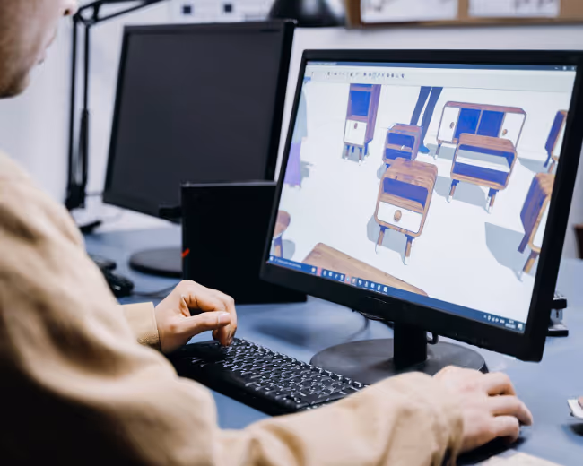 A student working on digital twins of cabinets and furnishing for a virtual environment.