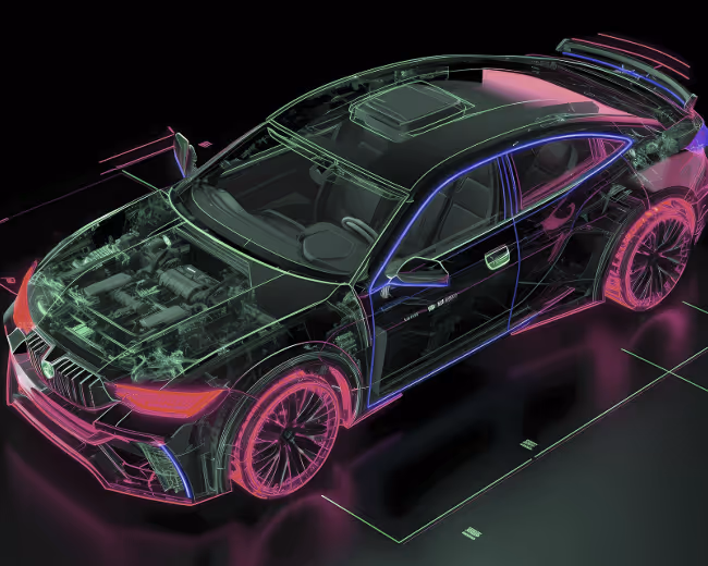 A digital view into the inner workings of a car, showing its individual mechanisms and components.