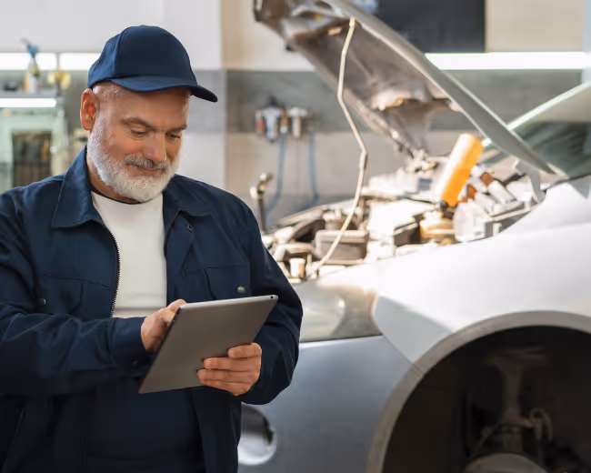 A mechanic completing his vehicle maintenance checks using a tablet device.