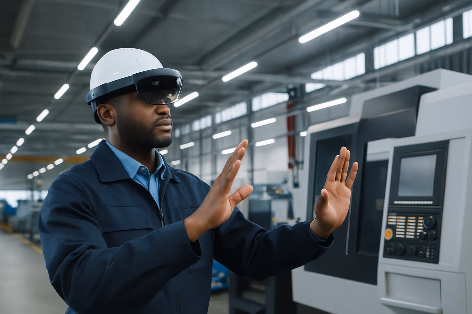 A man in a warehouse wearing a white hat and a VR headset.