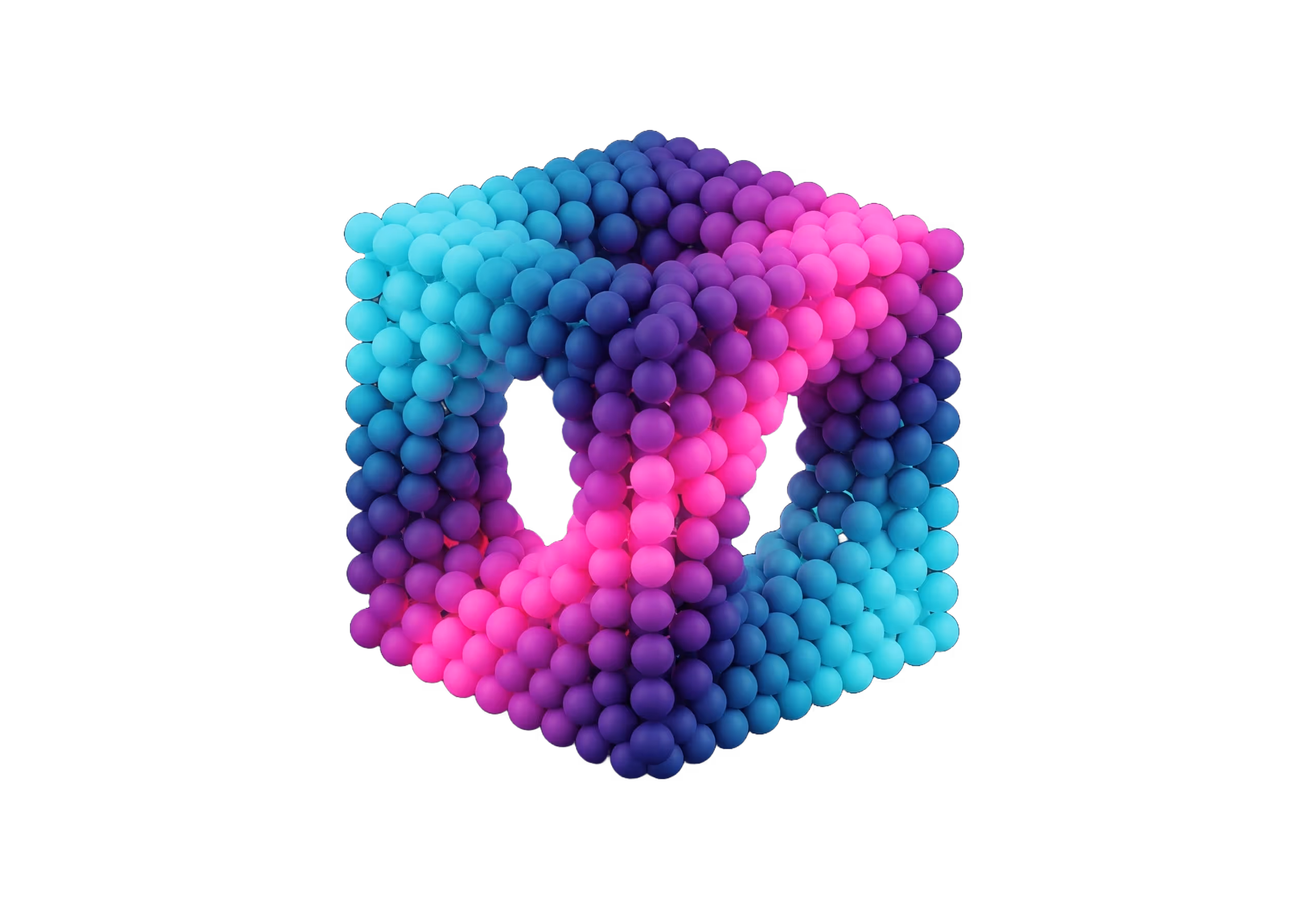 A 3D DNA-style model of hundreds of connecting balls in the shape of a cube frame in purple and blue to convey a sense of a effectiveness