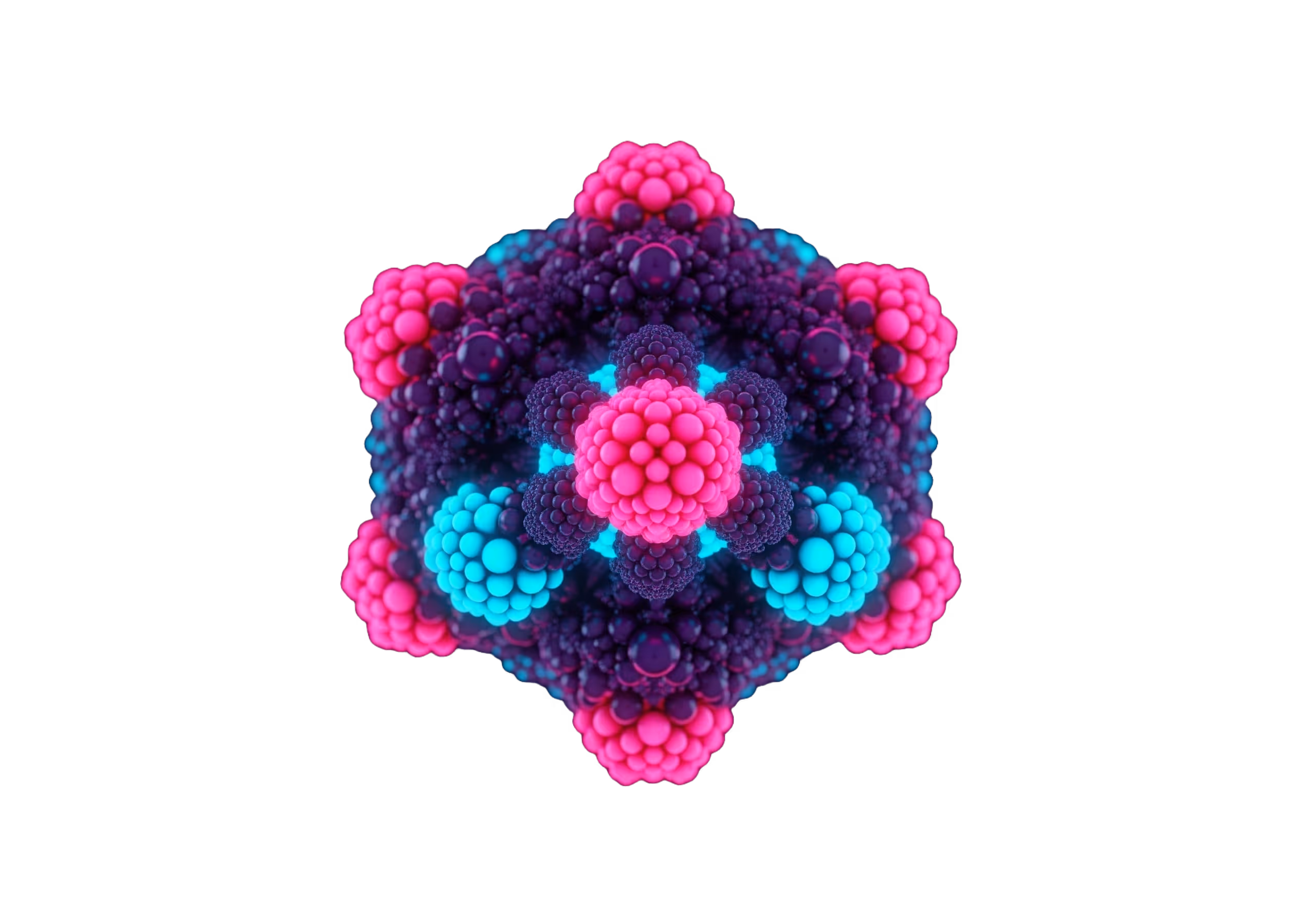 A 3D DNA-style model of hundreds of connecting balls in a shape of disc florets in pink, purple and blue to convey a sense of a strength