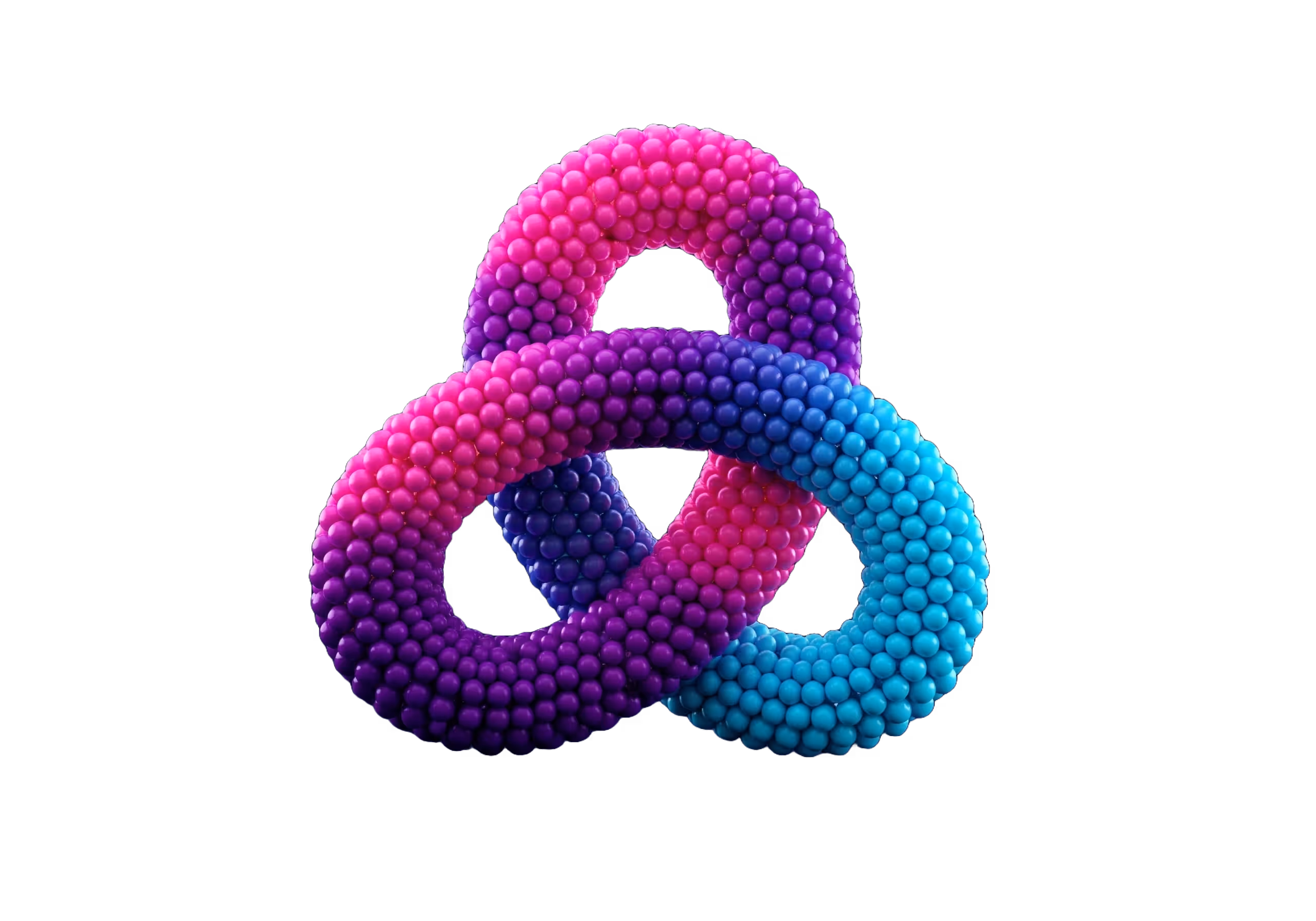 A 3D DNA-style model of hundreds of connecting balls in a looping shape in pink, purple and blue to convey a sense of a continuity