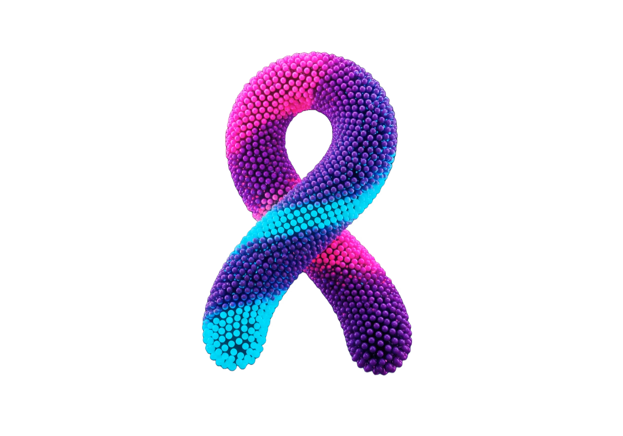 A 3D DNA-style model of hundreds of connecting balls in a figure of eight shape in pink, purple and blue to convey a sense of a efficiency