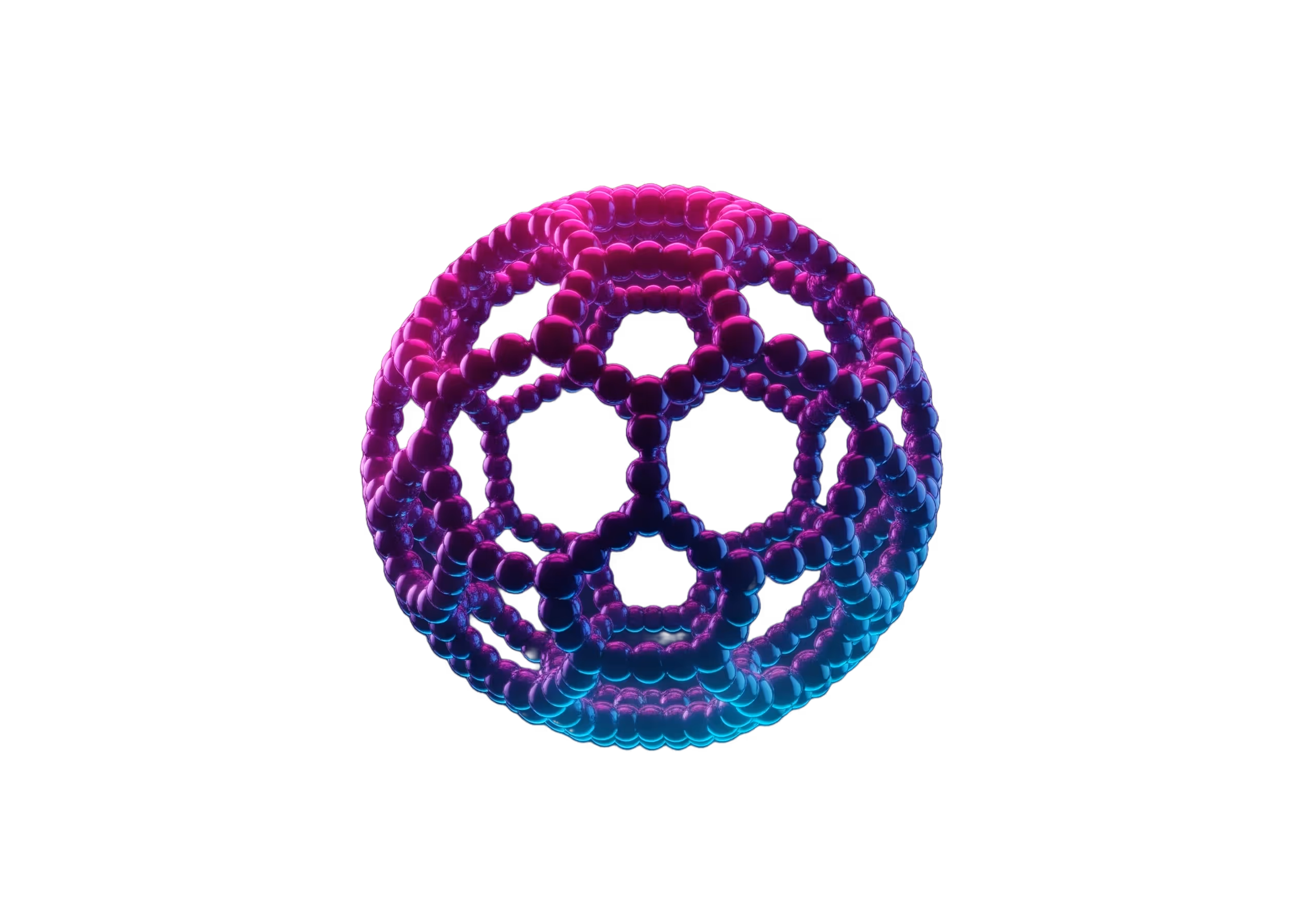 A 3D DNA-style model of hundreds of connecting balls in a wireframe football shape in pink, purple and blue to convey a sense of a confidence