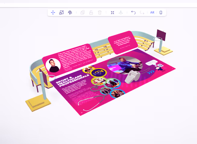 A double-page spread of the USP College prospectus with AR interactions surrounding the page. This includes 2 basketball nets and stadium seating.