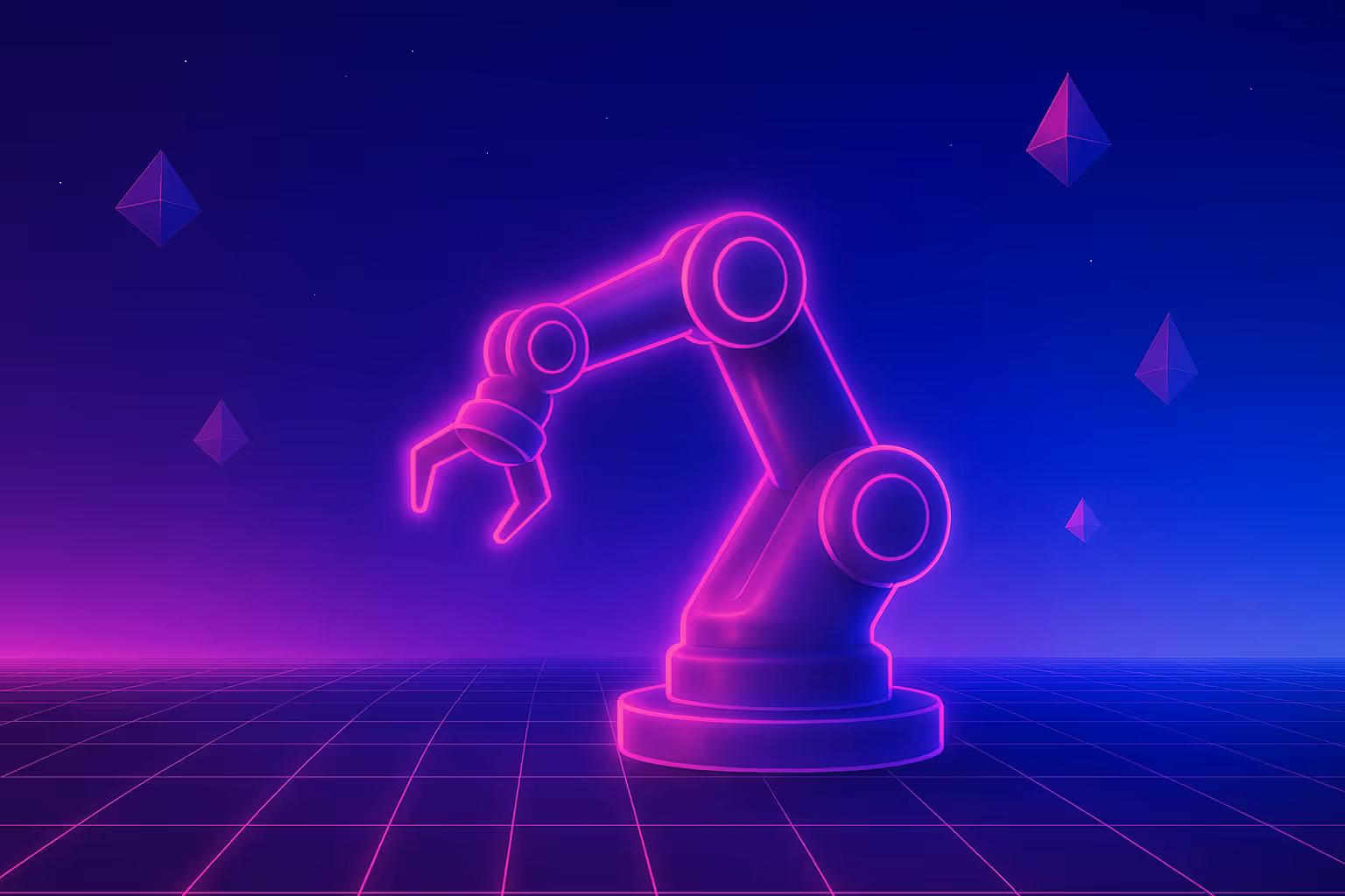 A neon robotic arm in a futuristic digital landscape