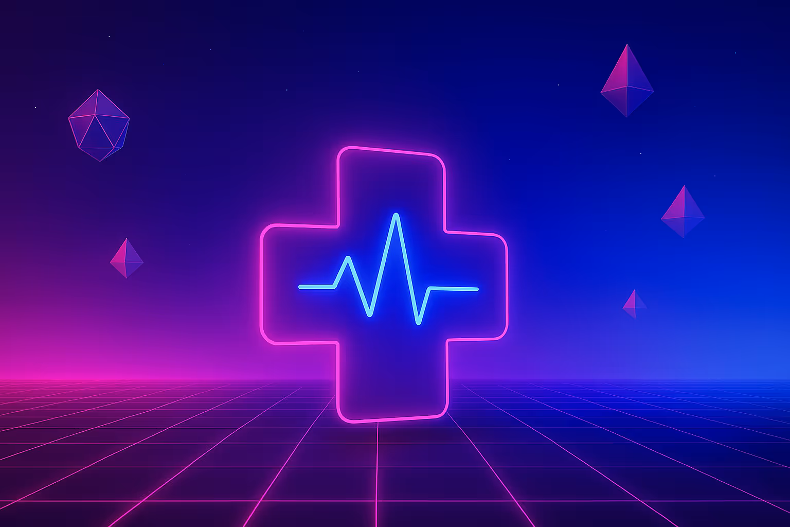 A neon healthcare cross with a blue heart pulse inside on a futuristic digital landscape