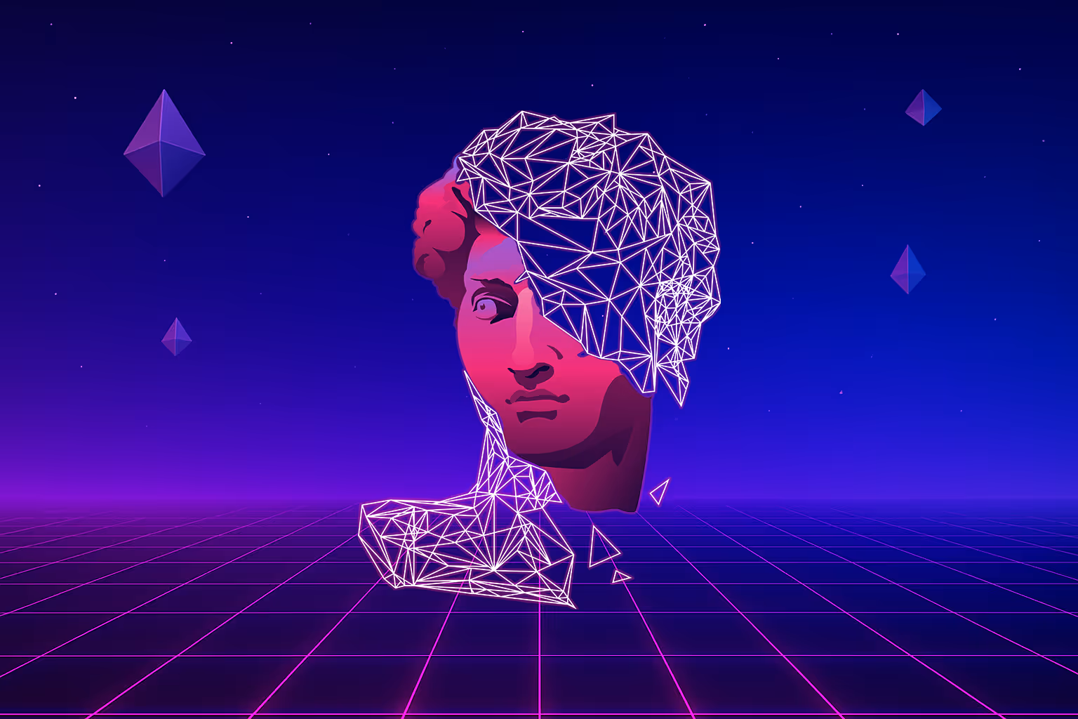 A neon wireframe bust in a futuristic digital landscape