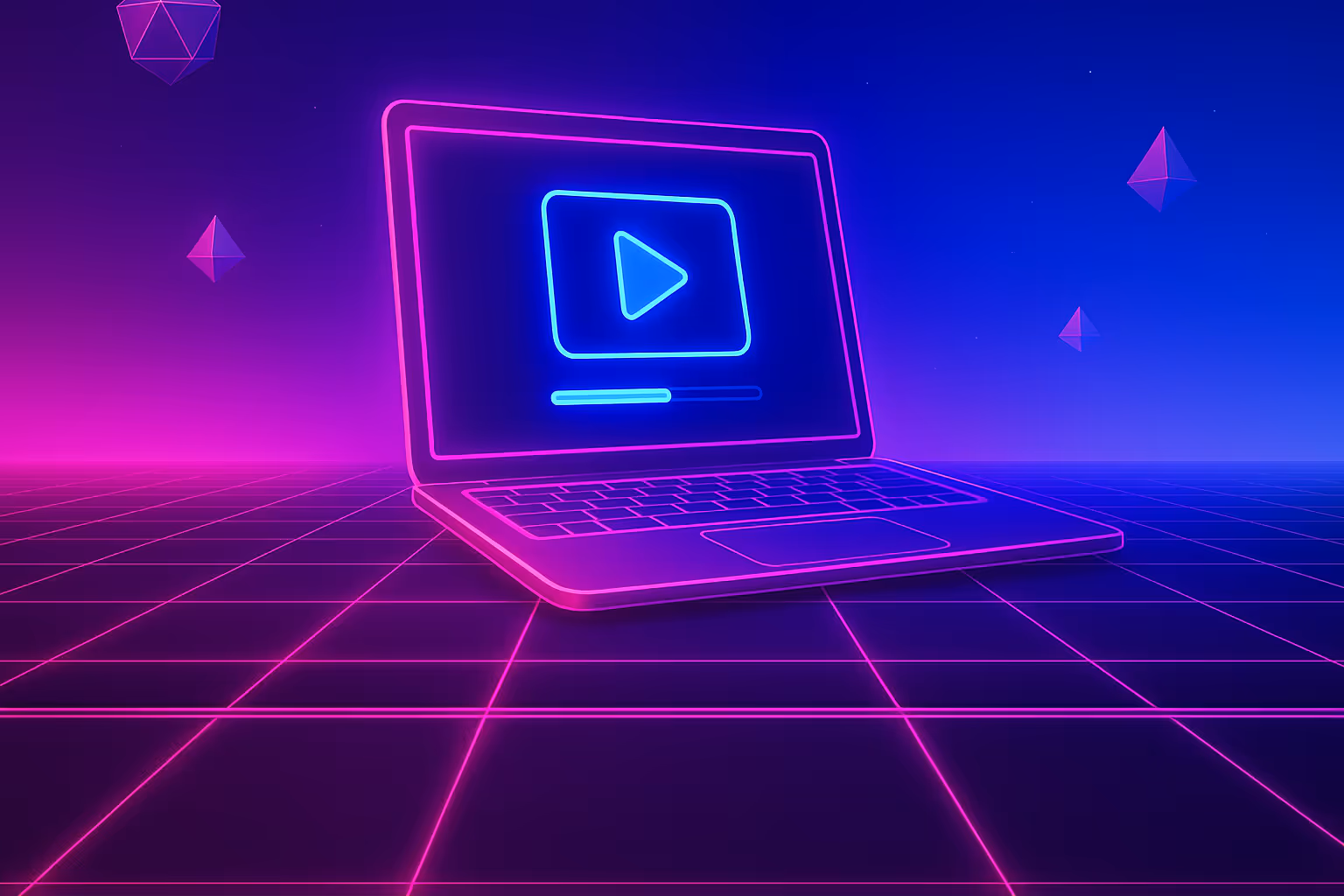 Neon-style laptop with a glowing play button on screen in a futuristic digital landscape