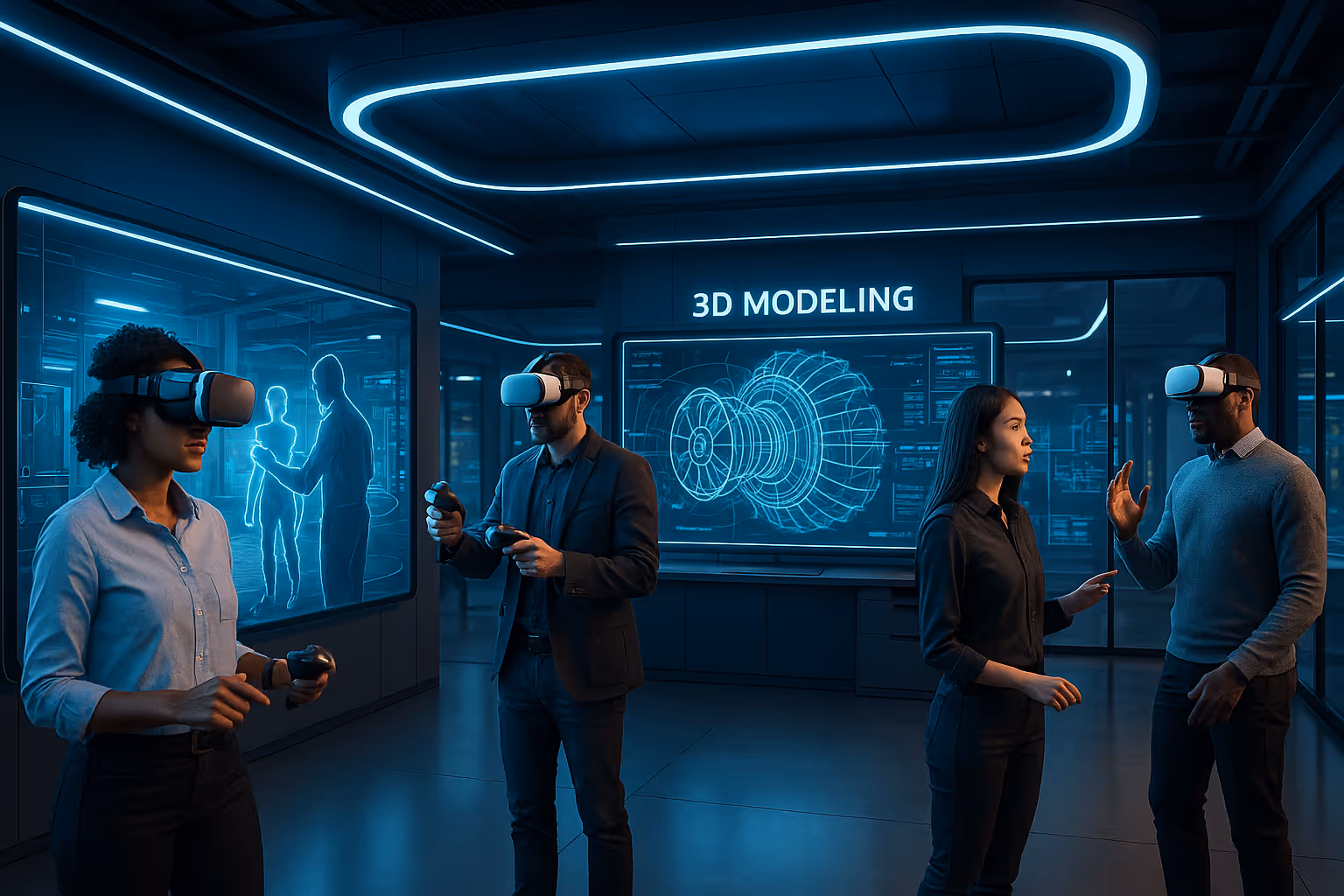 Four people wearing VR headsets interact with controllers in a high-tech room. A large screen displays a 3D engine model, and digital blue neon lights illuminate the space, suggesting a collaborative virtual design session.