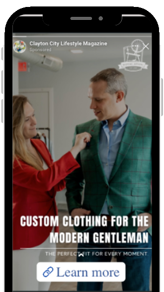 Instagram Stories ad for Bespoke Apparel from Clayton City Lifestyle Magazine with a Learn More button