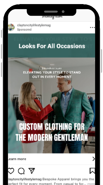 Instagram feed ad for Bespoke Apparel from Clayton City Lifestyle reading Looks For All Occasions