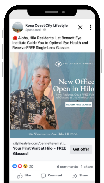 Facebook feed ad for Bennett Eye Institute from Kona Coast City Lifestyle announcing a new office in Hilo and free glasses for new patients