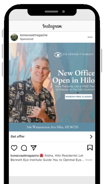 Instagram feed ad for Bennett Eye Institute from Kona Coast City Lifestyle promoting a free pair of glasses at the Hilo location