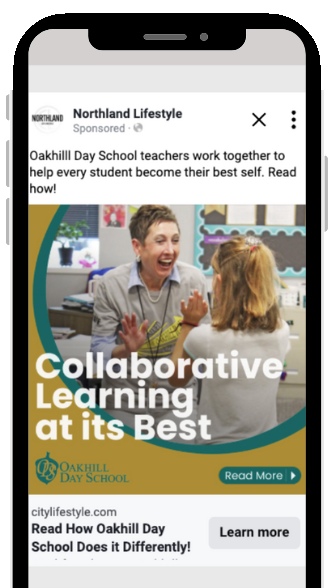 Facebook feed ad for Oakhill Day School from Northland City Lifestyle reading Collaborative Learning at its Best