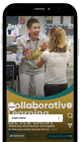 Instagram Reels ad for Oakhill Day School showing a teacher and student with a Learn More button