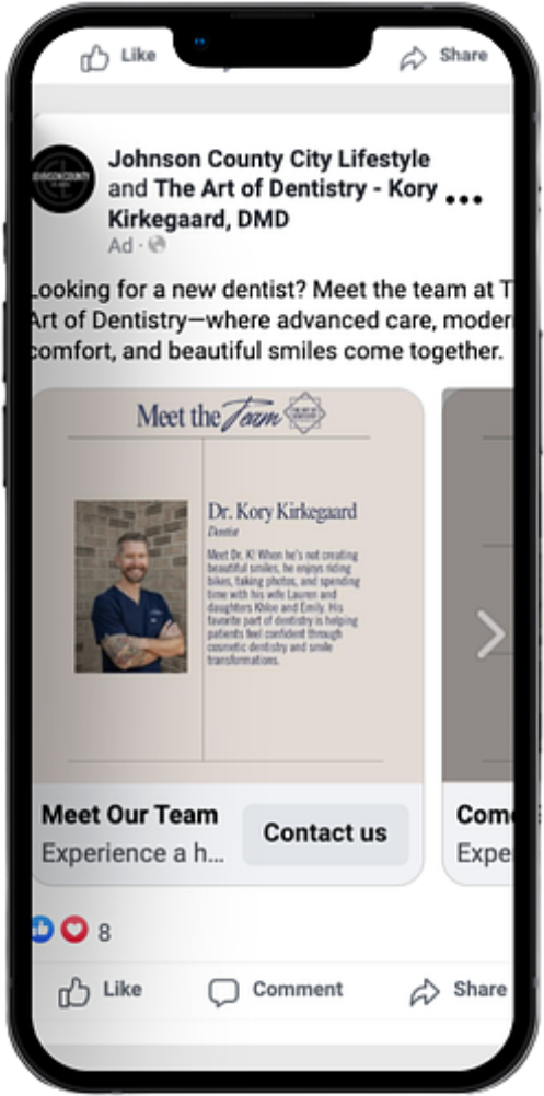 Facebook carousel ad for The Art of Dentistry showing a Meet Our Team card with Dr. Kory Kirkegaard and a Contact us button