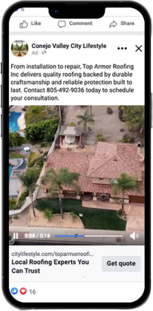 Facebook feed video ad for Top Armor Roofing from Conejo Valley City Lifestyle showing aerial footage of a completed tile roof with a Get quote button