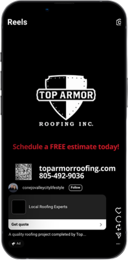 Instagram Reels ad for Top Armor Roofing reading Schedule a FREE estimate today with the company phone number and a Get quote button