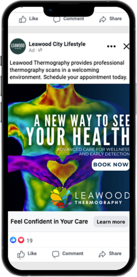 Facebook feed ad for Leawood Thermography from Leawood City Lifestyle reading A New Way to See Your Health over a thermographic scan with a Book Now button
