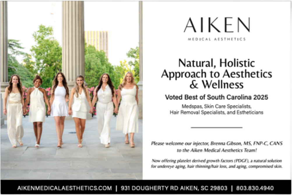 Print ad for Aiken Medical Aesthetics in Aiken City Lifestyle, Voted Best of South Carolina 2025, listing medspa and skin care services with contact details