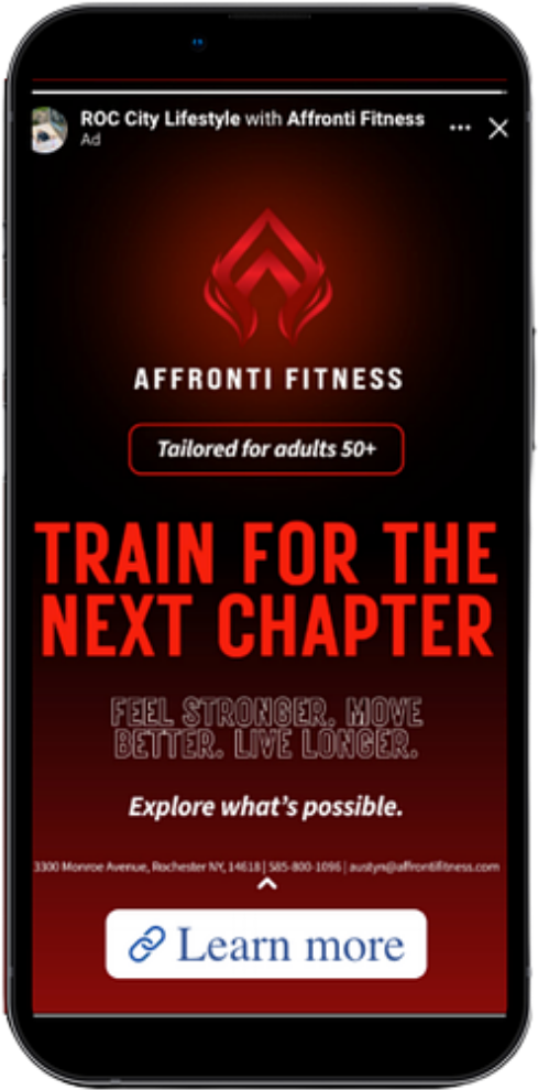 Instagram Story ad for Affronti Fitness reading Train for the Next Chapter, feel stronger, move better, live longer, with a Learn more button