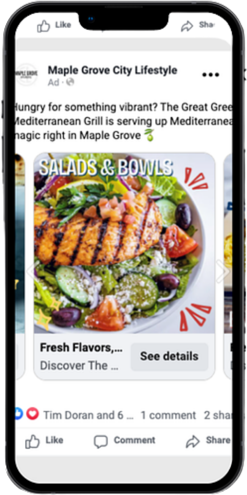 Second carousel card for The Great Greek Mediterranean Grill showing a Salads and Bowls dish with a See details button