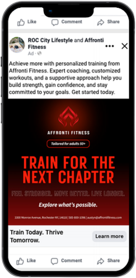 Facebook feed ad for Affronti Fitness from ROC City Lifestyle reading Train for the Next Chapter with a Tailored for adults 50 plus badge and a Learn more button