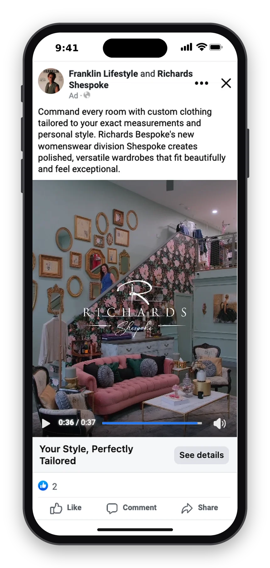 Video Facebook ad for Richards Shespoke, co-branded with Franklin Lifestyle
