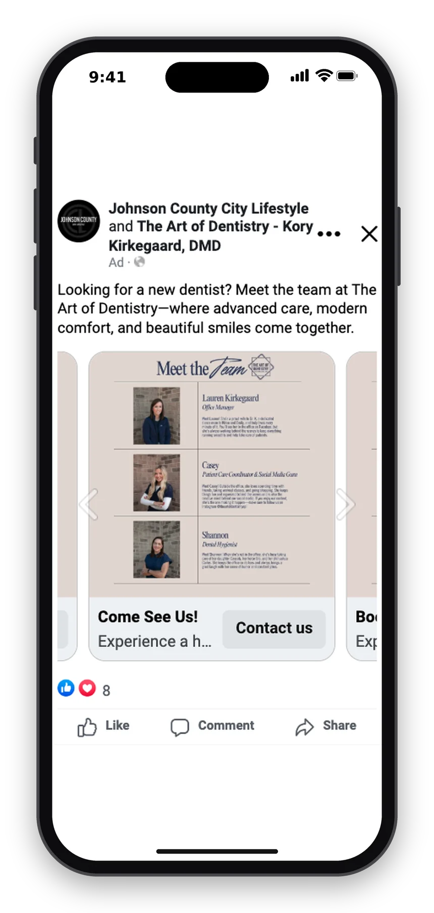 Carousel Facebook ad for The Art of Dentistry, co-branded with Johnson County City Lifestyle
