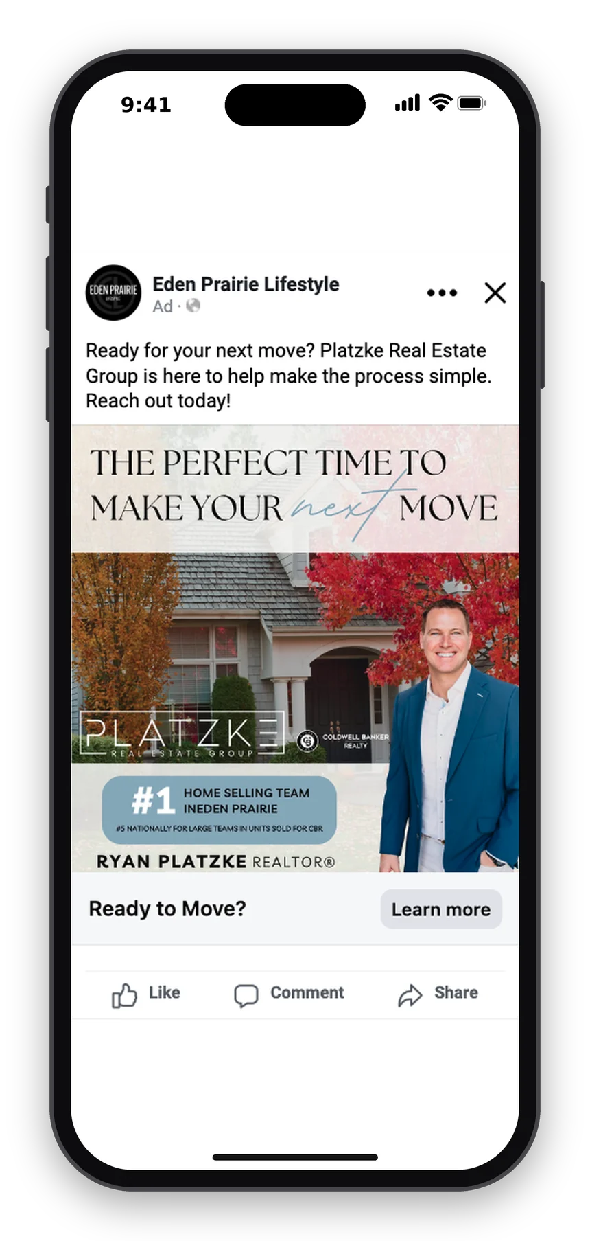 Single image Facebook ad for Platzke Real Estate Group, co-branded with Eden Prairie Lifestyle